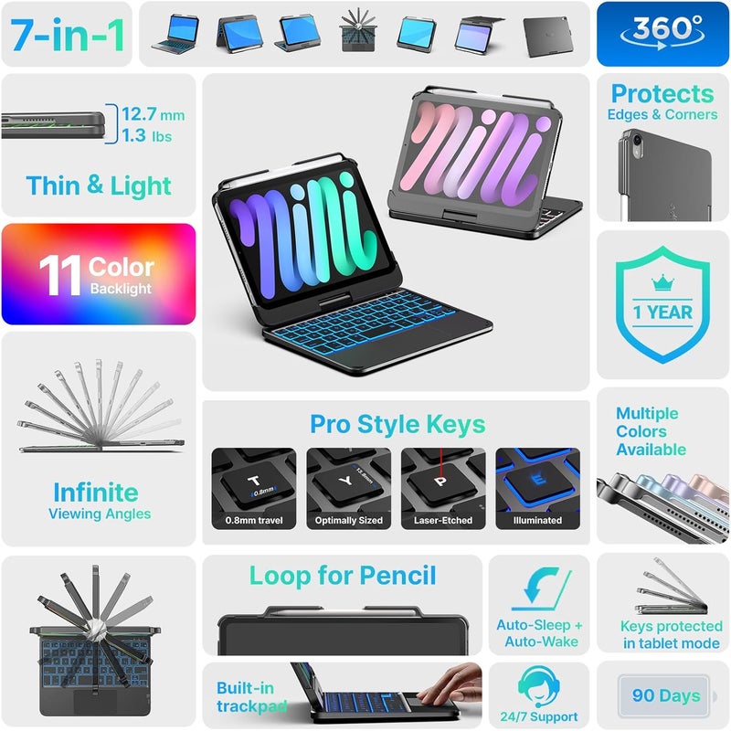 typecase حافظة لوحة مفاتيح لجهاز آيباد ميني 7 (2024) و ميني 6 (2021) - حافظة لاسلكية مع لوحة مفاتيح لجهاز آيباد ميني الجيل السابع والسادس 8.3" - غلاف لوحة مفاتيح مضاءة خلفياً بـ 10 ألوان مع لوحة تتبع - رمادي داكن - Image 3